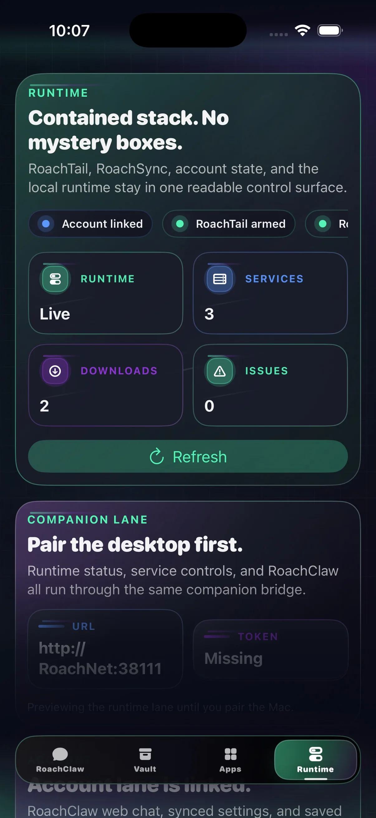 RoachNet iOS Runtime view