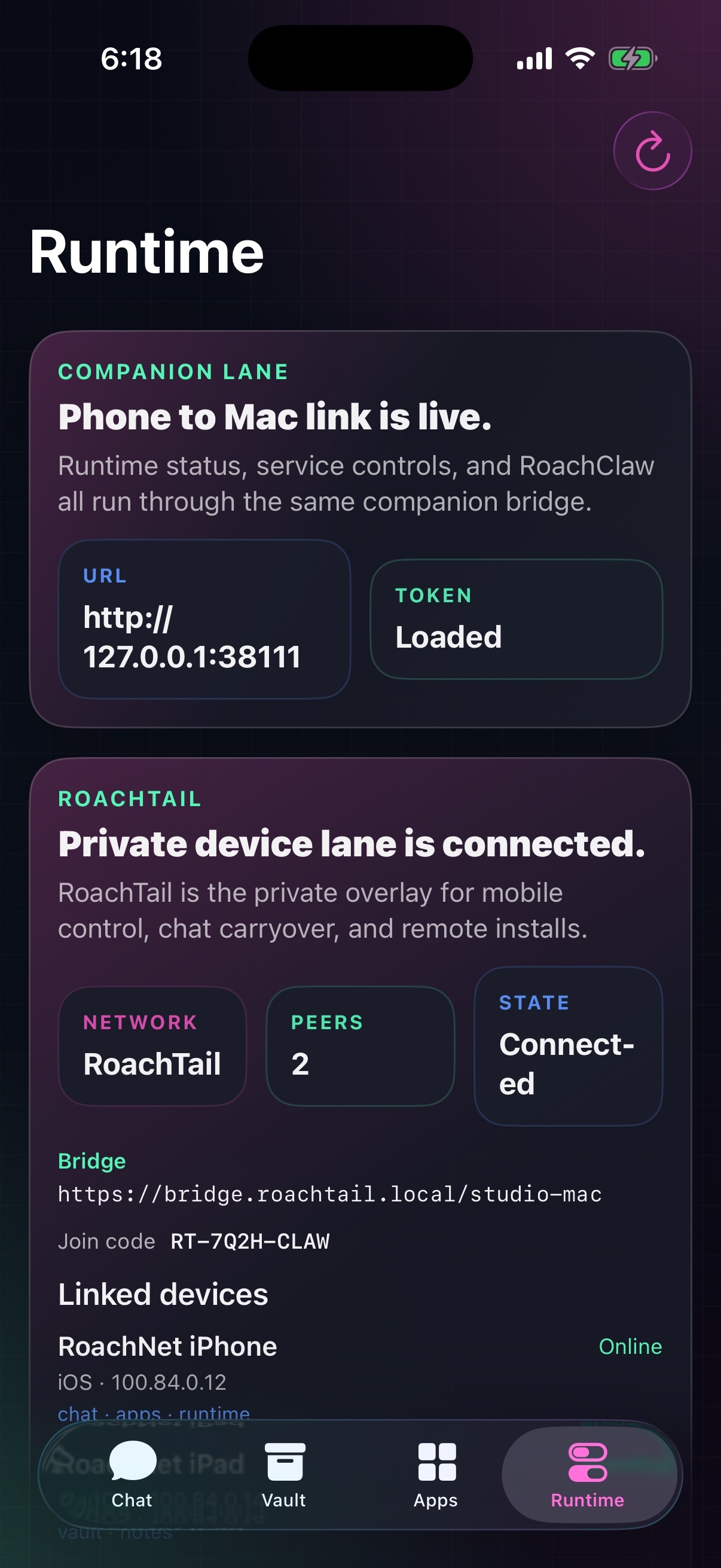 RoachNet iOS Runtime view