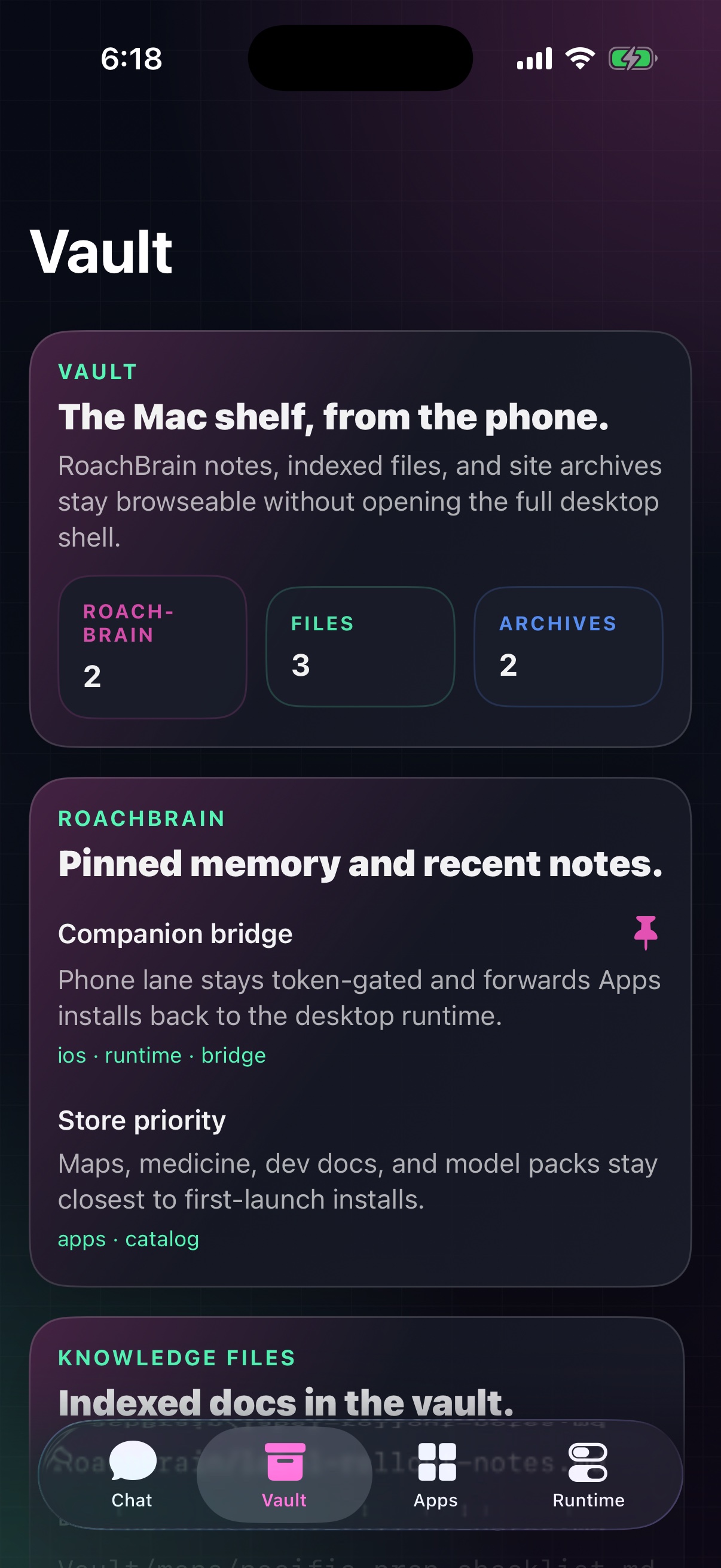 RoachNet iOS Vault view