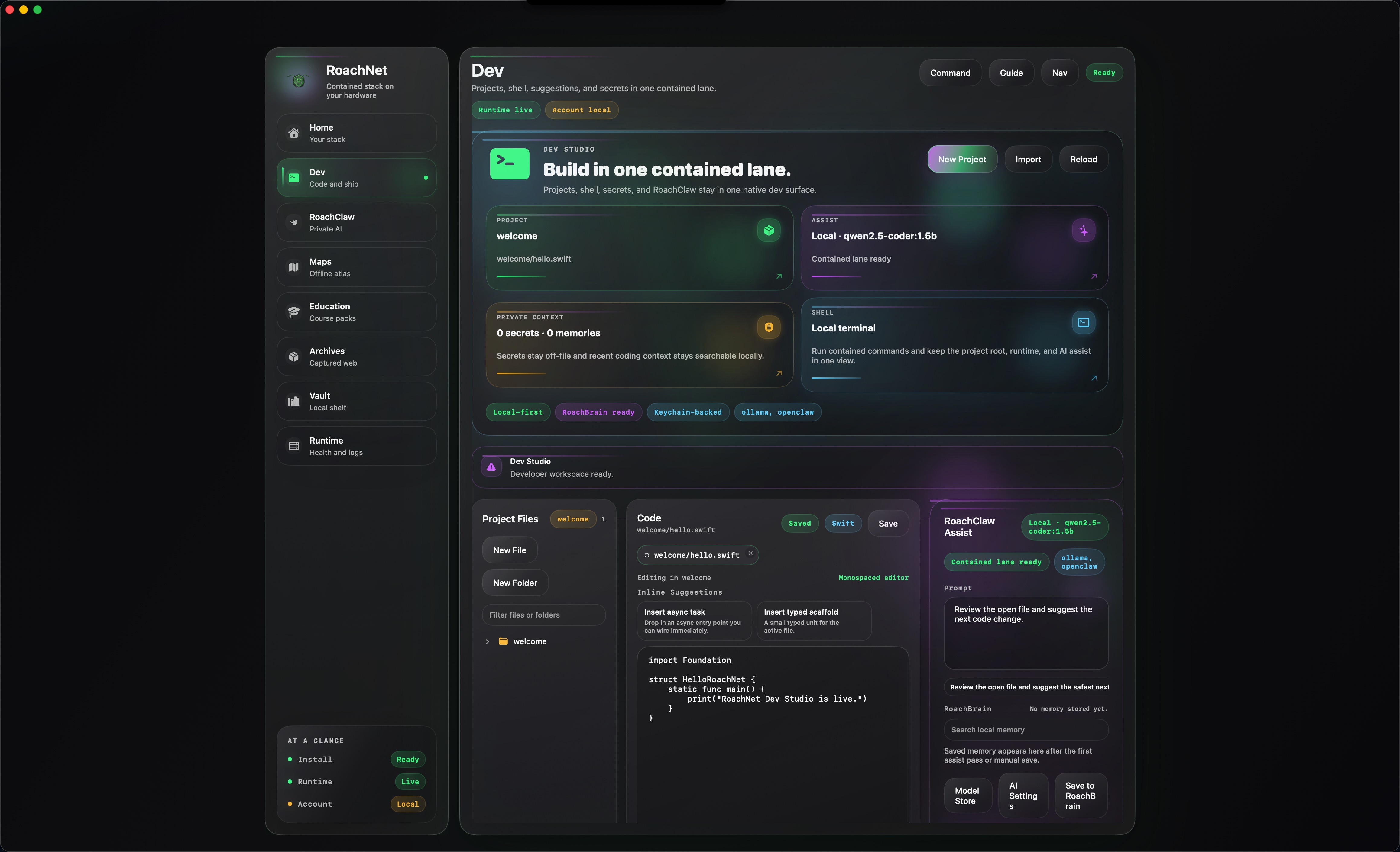 RoachNet native Dev workspace