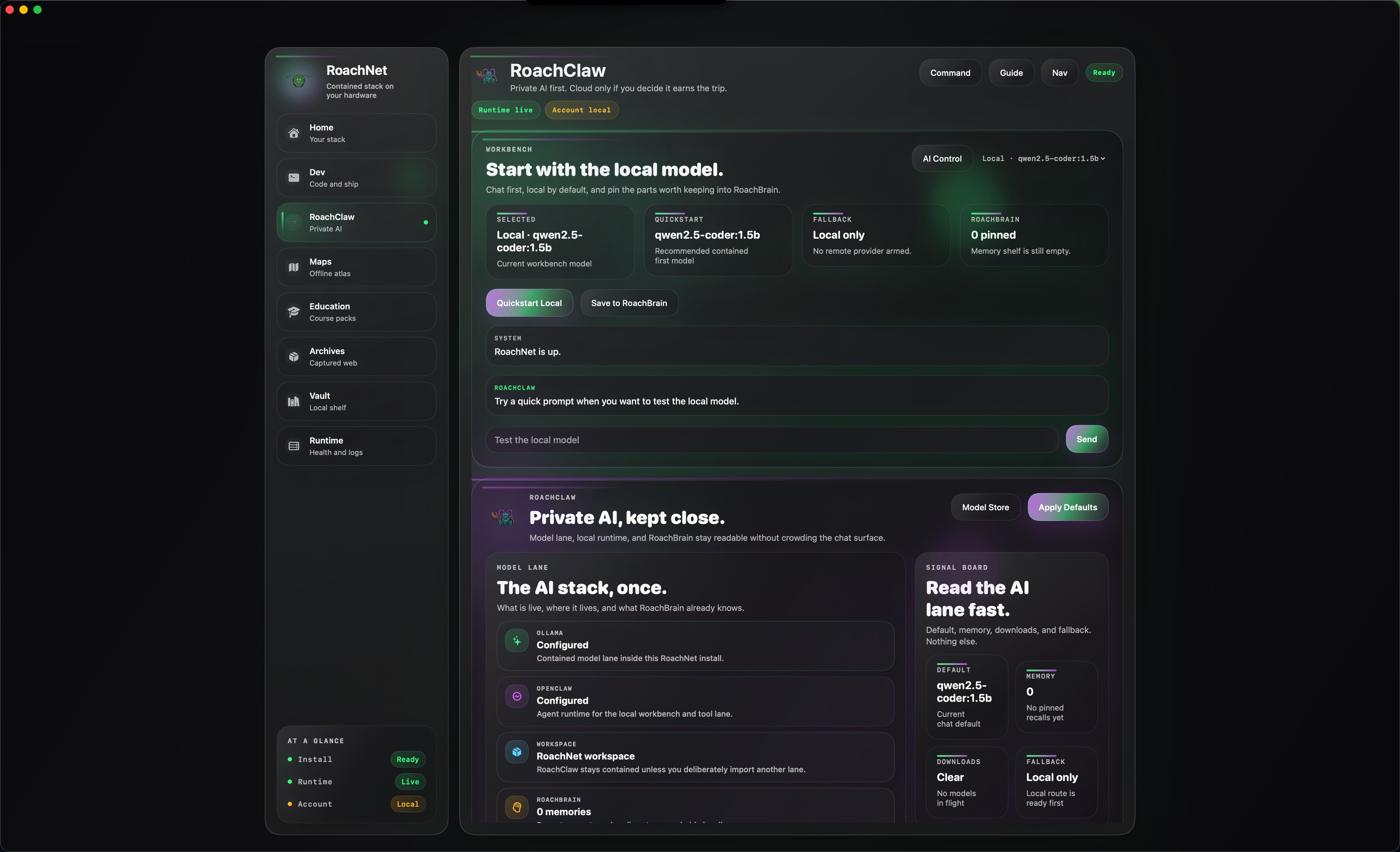 RoachNet native RoachClaw workbench